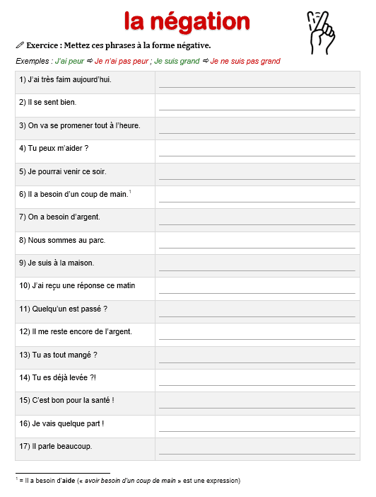 La négation : 17 phrases à transformer - exercice FLE A2