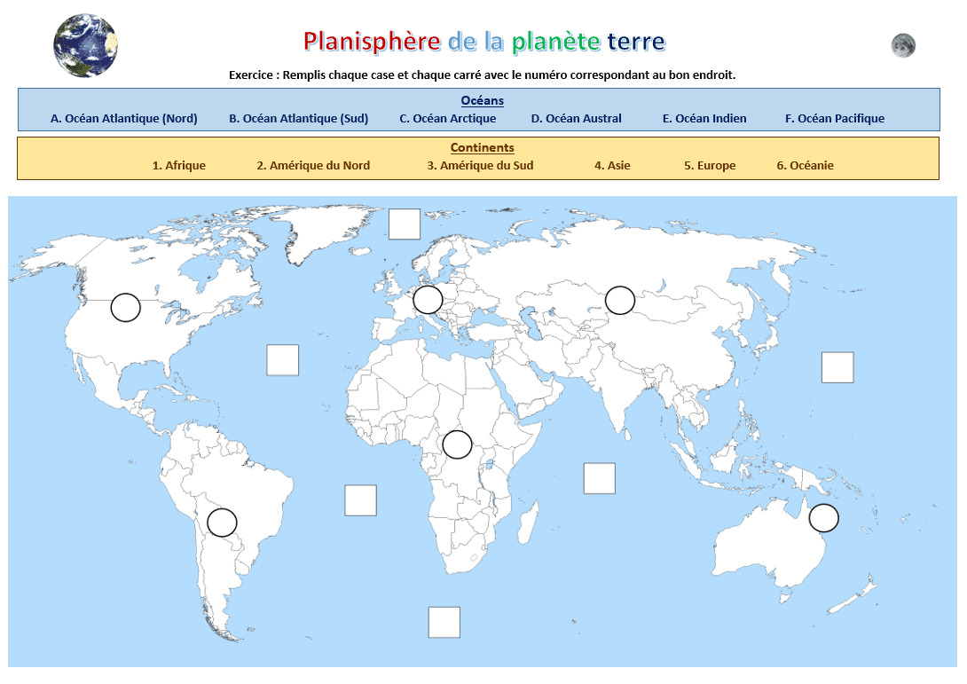 Aperçu de la fiche de français : Planisphère : la Terre, les pays du monde — visuel 1 sur 2