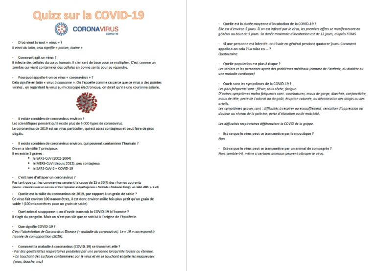 Exercice (quizz) sur le coronavirus (COVID-19) - Exercices à imprimer