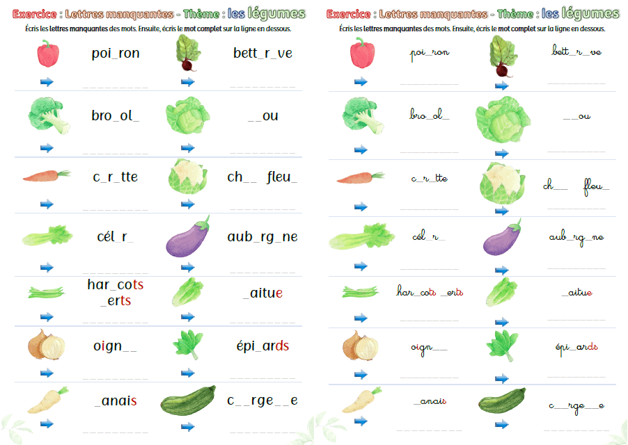 Aperçu lettres manquantes légumes
