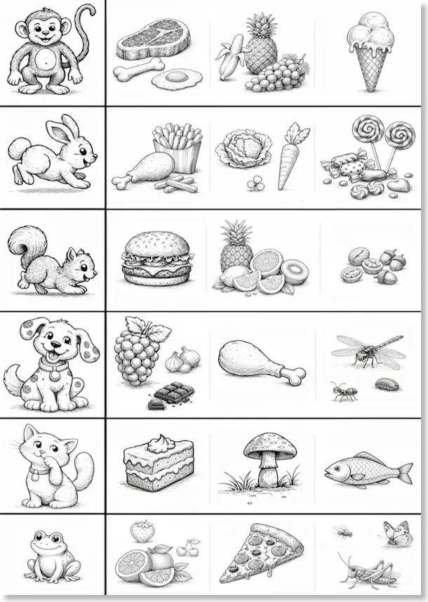 Version noir et blanc : entourer la nourriture de chaque animal