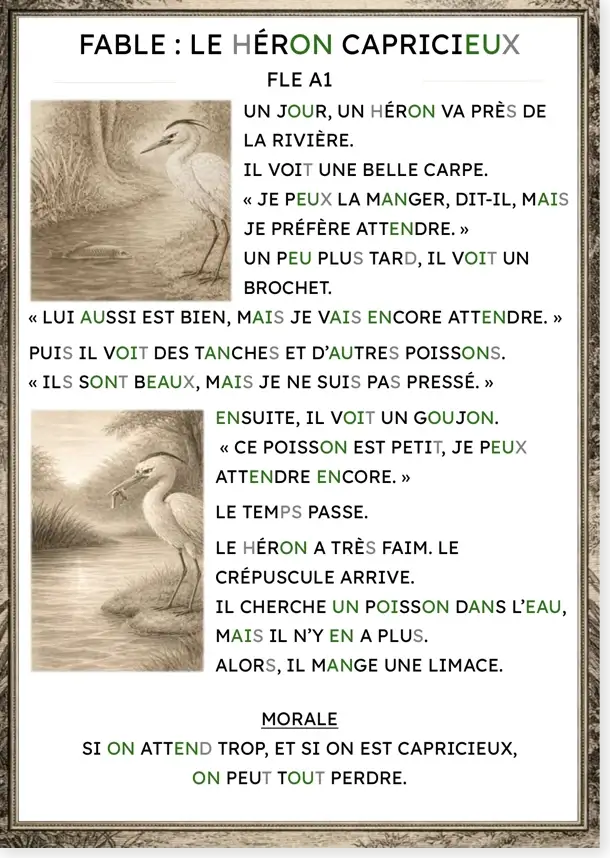 Fable Le héron capricieux, texte en majuscules