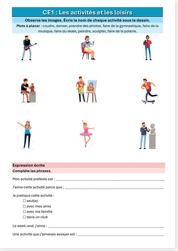 Aperçu de l'exercice CE1 sur les activités et loisirs