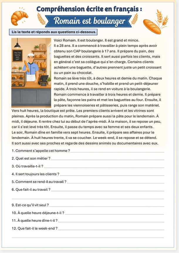 Compréhension écrite : Romain est boulanger