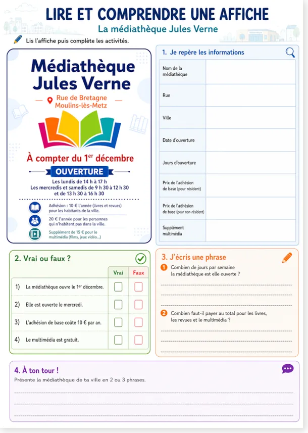 Lire une affiche de médiathèque Jules Verne, exercice de compréhension écrite FLE A1 CP-CE1