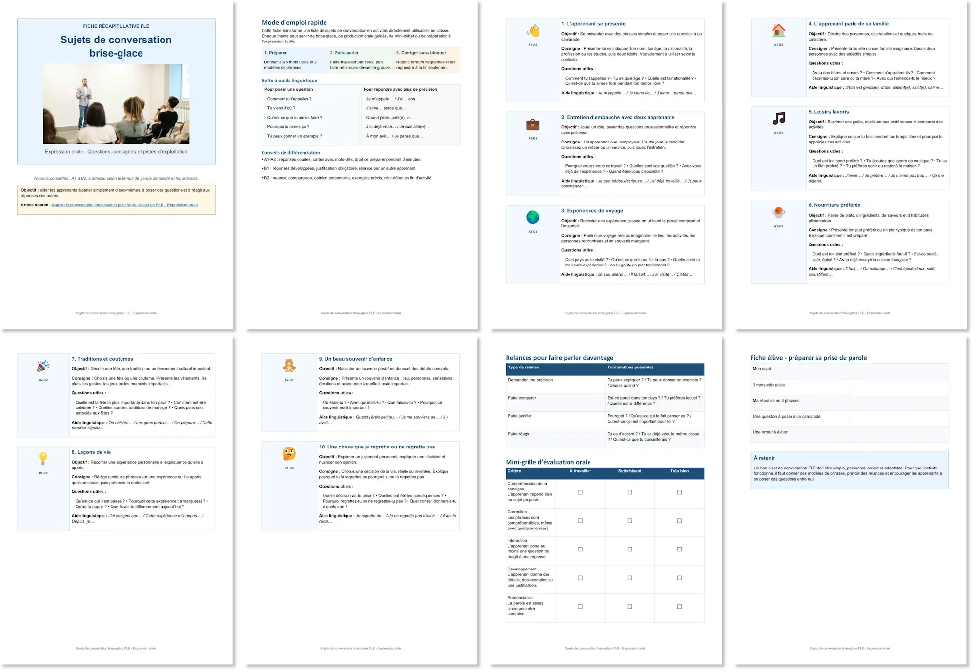 Fiche récapitulative FLE de 8 pages sur les sujets de conversation brise-glace