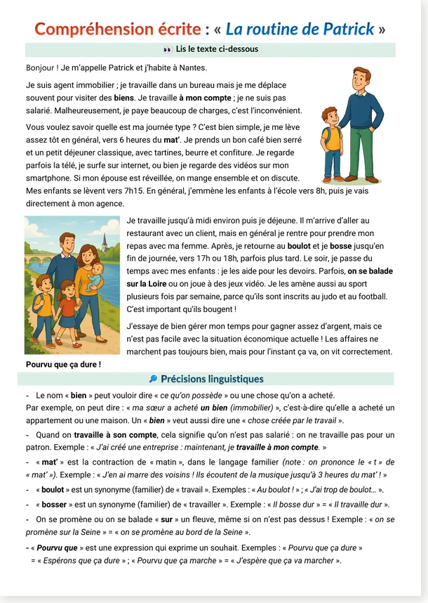 Compréhension écrite sur la routine quotidienne