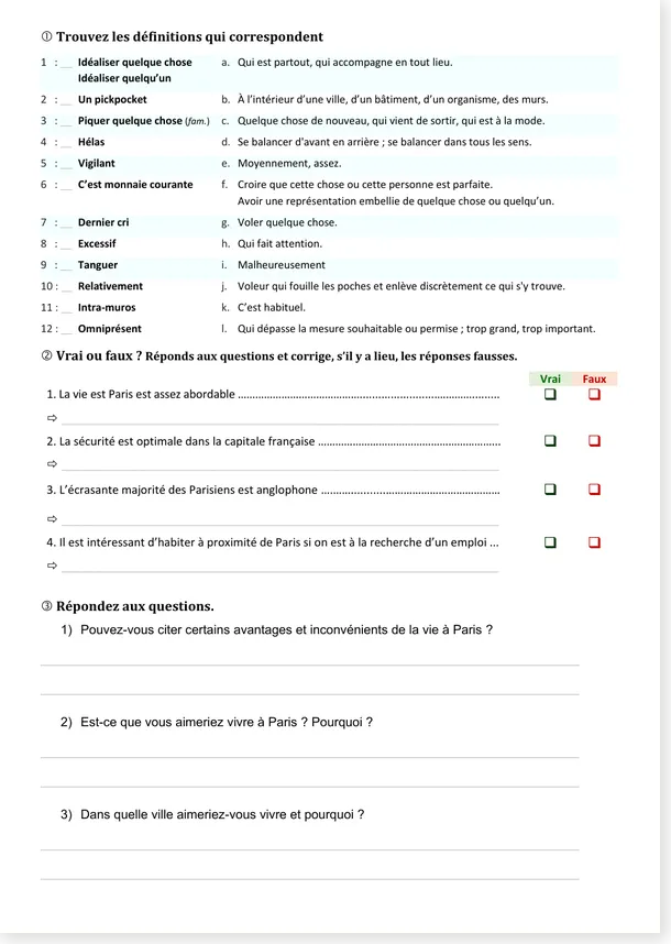 Vocabulaire de la vie à Paris