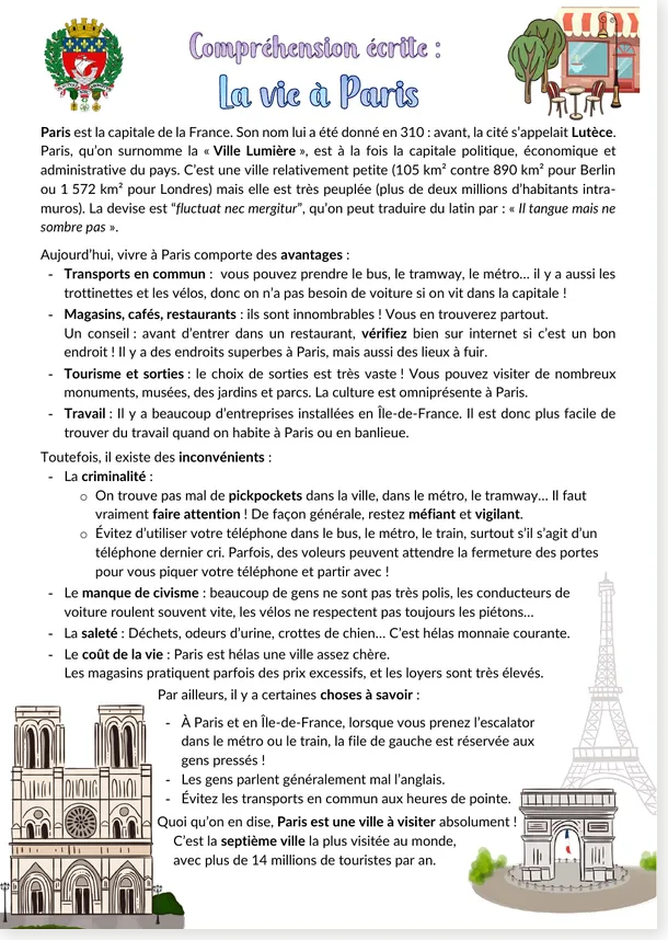 Compréhension écrite la vie à Paris