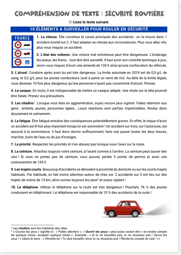 Compréhension de texte sécurité routière