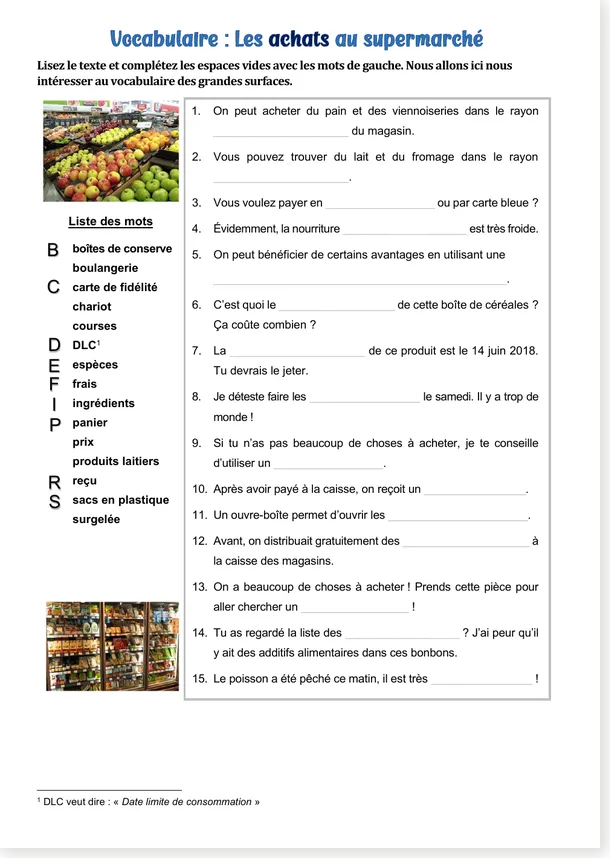 Vocabulaire des achats au supermarché