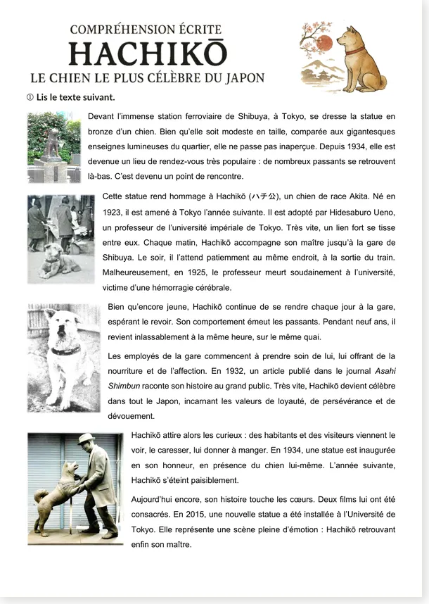 Compréhension écrite Hachikō le chien du Japon