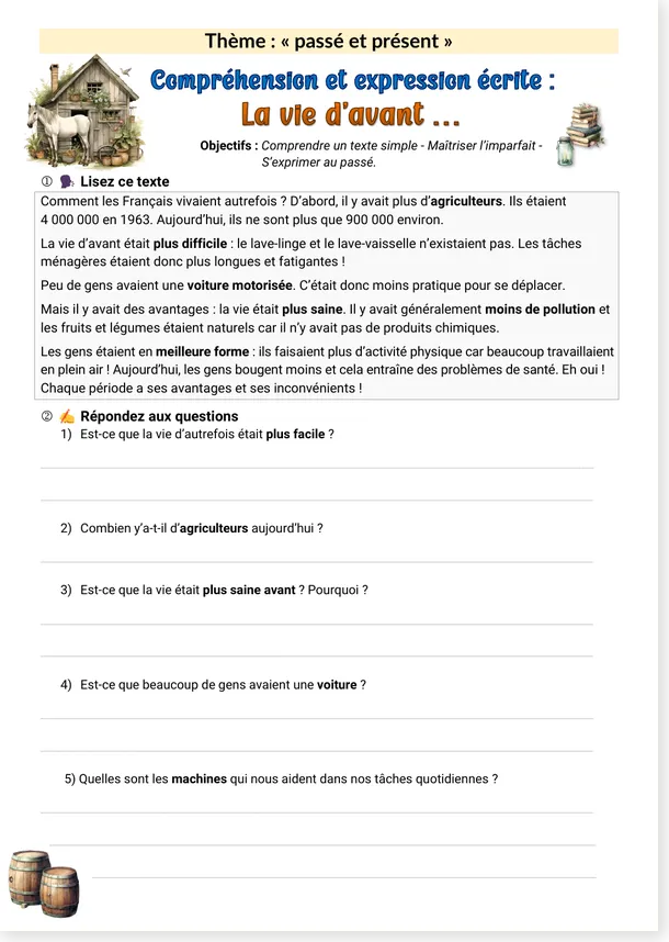 Compréhension écrite la vie d'avant et imparfait