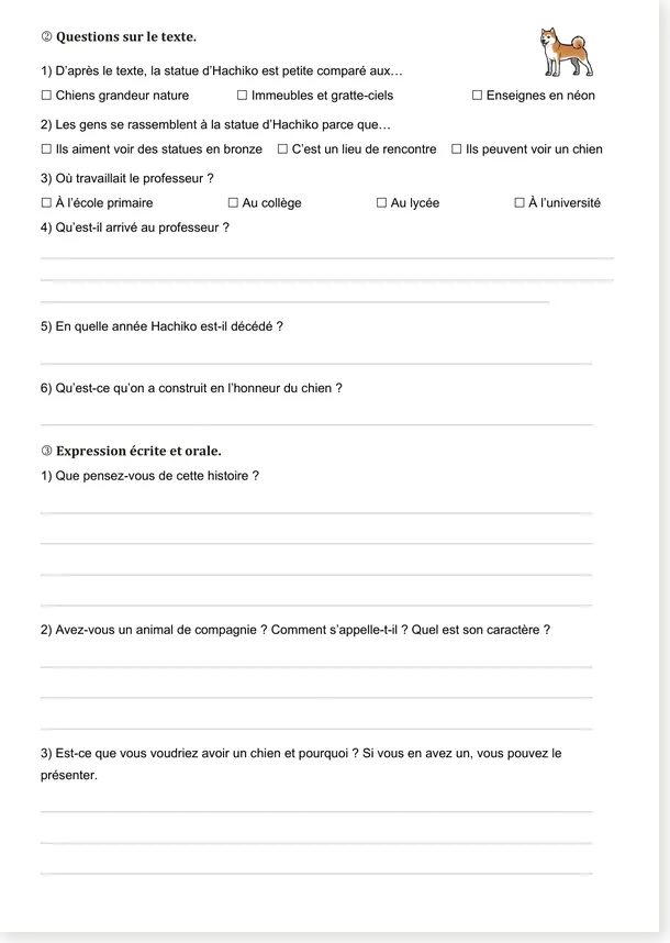 Questions et expression écrite sur Hachikō