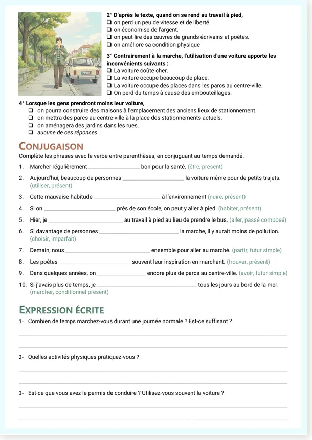 Conjugaison et expression écrite sur la marche