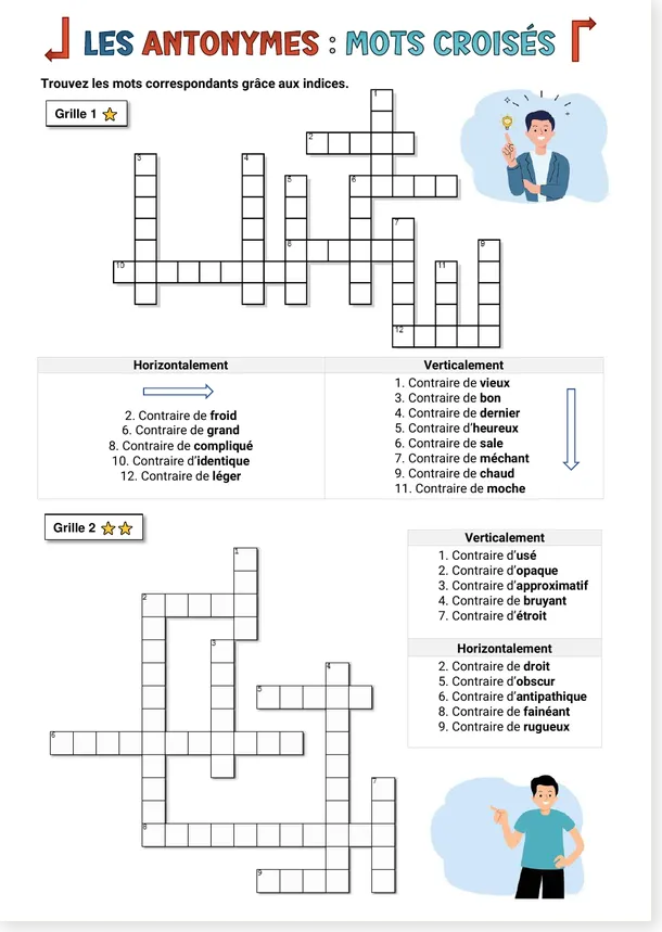 Antonymes mots croisés CE1