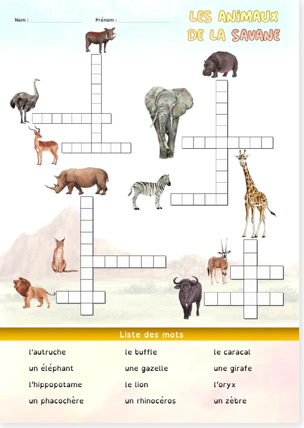 Mots croisés animaux de la savane CE1