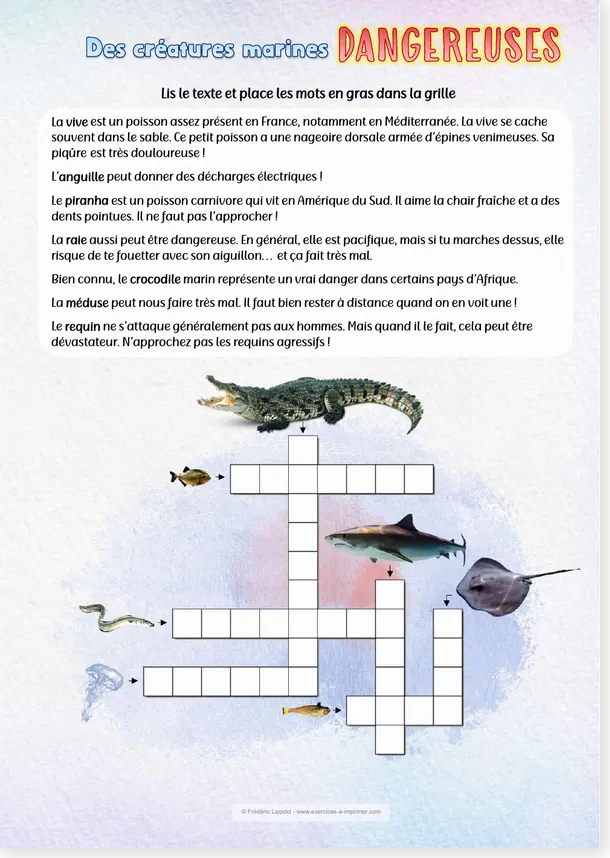 Mots croisés créatures marines CE1