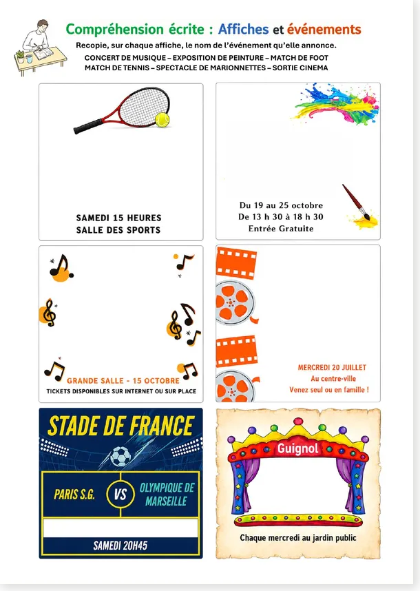 Exercice de compréhension écrite pour identifier des événements à partir d’affiches