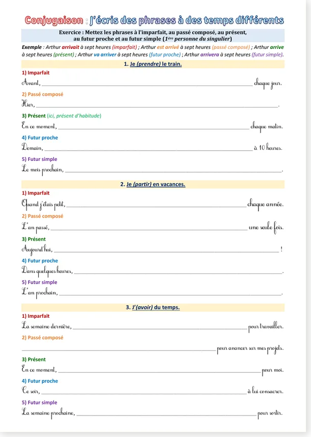 Conjugaison FLE A2 - phrases à conjuguer à différents temps