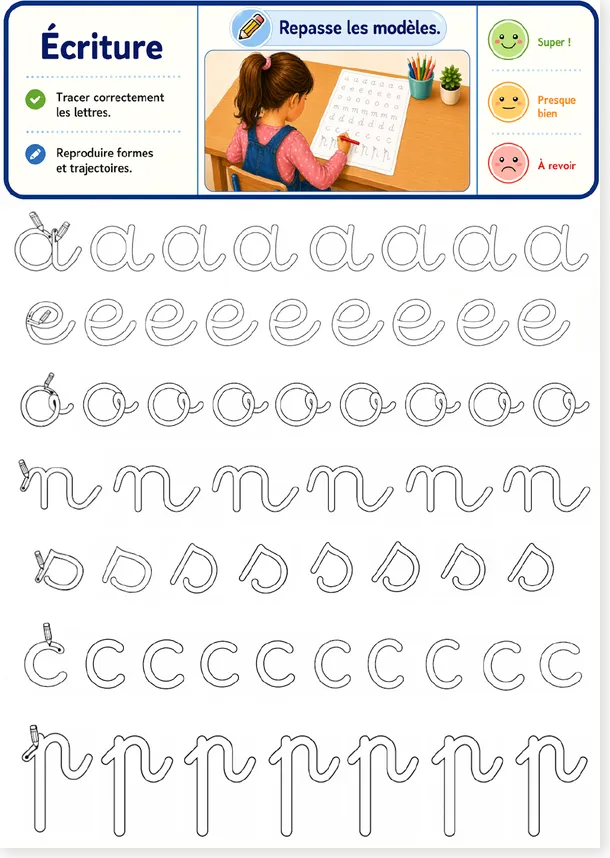 Fiche d’écriture cursive avec des lettres à repasser pour le CP