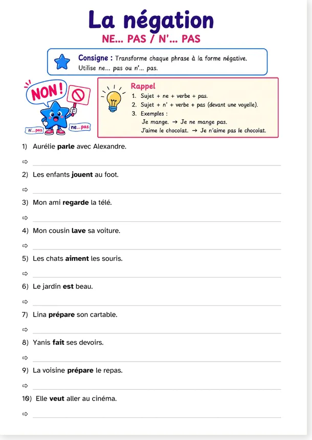 Exercice spécial CE1 sur la négation - 10 phrases à transformer