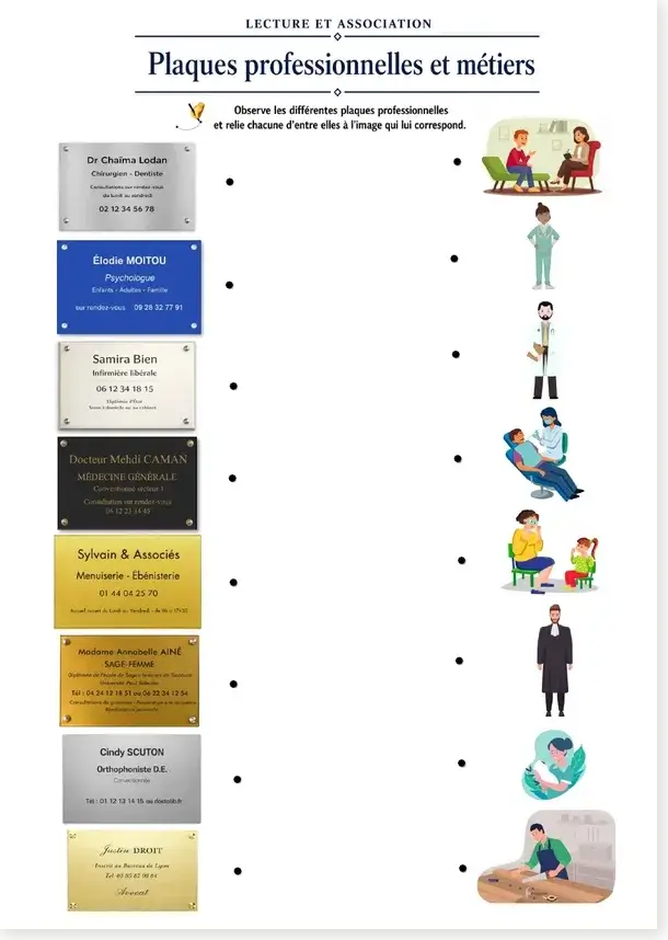 Exercice FLE A1 : comprendre des plaques professionnelles et associer les métiers
