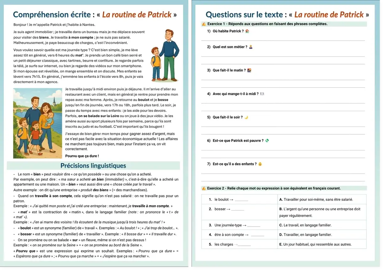 Exercice FLE sur la routine de Patrick, compréhension écrite