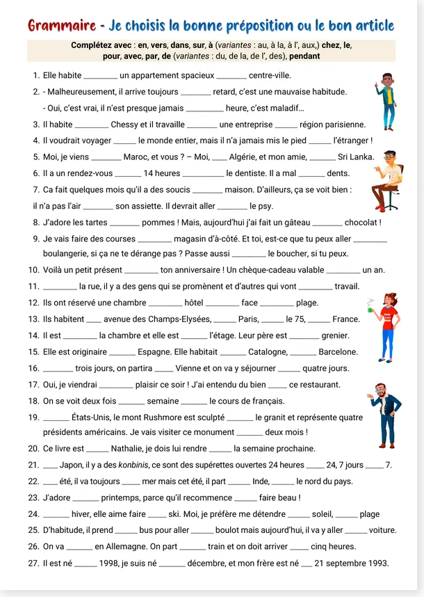 Grammaire FLE prépositions et articles exercice
