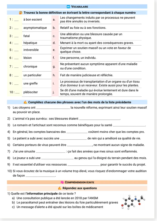 Paracétamol vocabulaire et compréhension écrite page 2