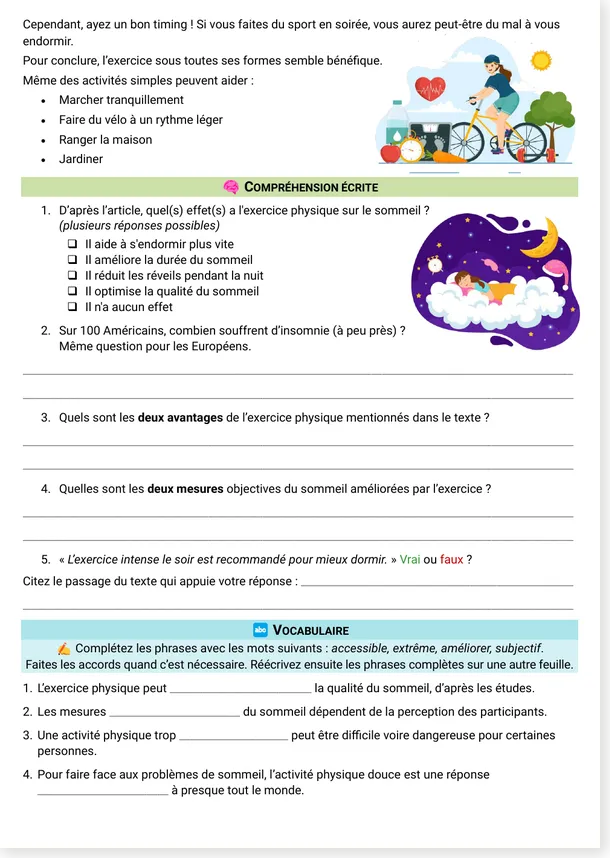 Sommeil exercice physique compréhension et vocabulaire page 2