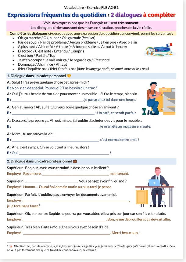 Expressions fréquentes du quotidien dialogues à compléter