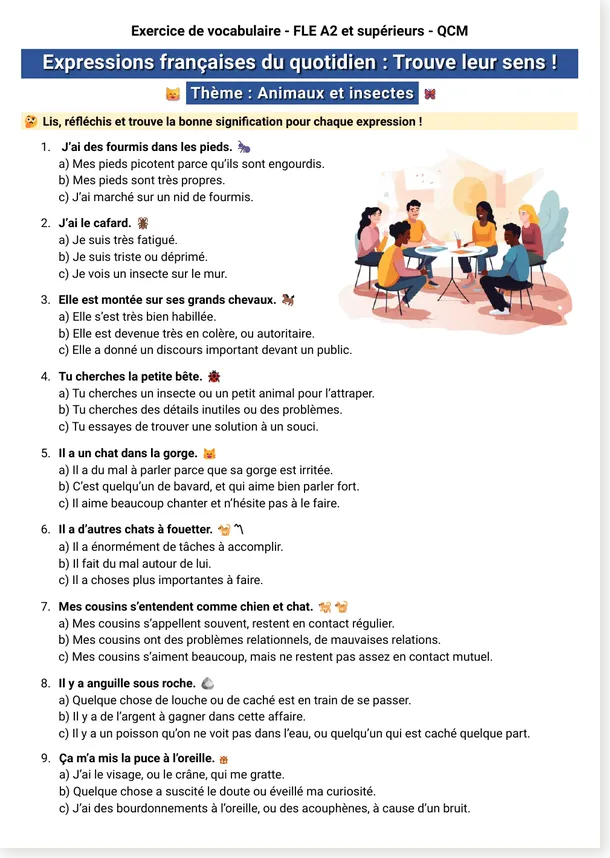 Expressions françaises du quotidien animaux et insectes QCM