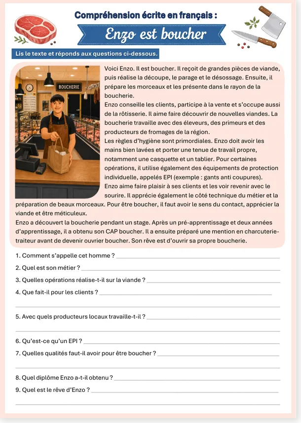 Compréhension écrite FLE Enzo est boucher, niveaux A2 et B1