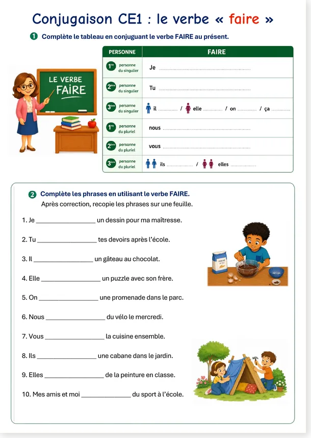 Aperçu de l'exercice de conjugaison sur le verbe faire, CE1 et FLE A1-A2