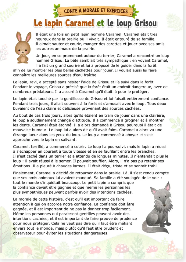 Conte à morale : Le lapin Caramel et le loup Grisou