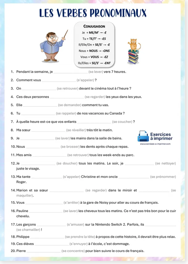 Aperçu de l'exercice gratuit sur les verbes pronominaux avec 20 phrases