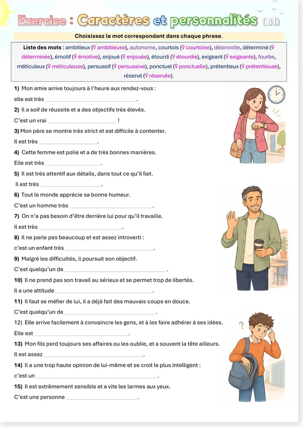 Aperçu de la version courte B1 de l’exercice sur le caractère et la personnalité