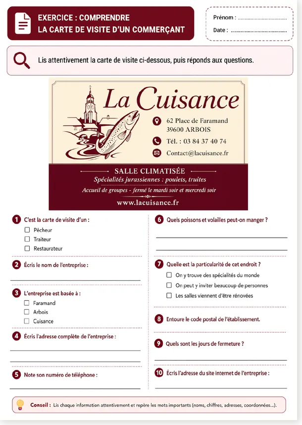 Aperçu de la version pleine page de l'exercice sur la carte de visite du restaurant La Cuisance