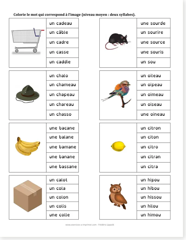Deuxième page de l’exercice J’identifie des mots deux syllabes