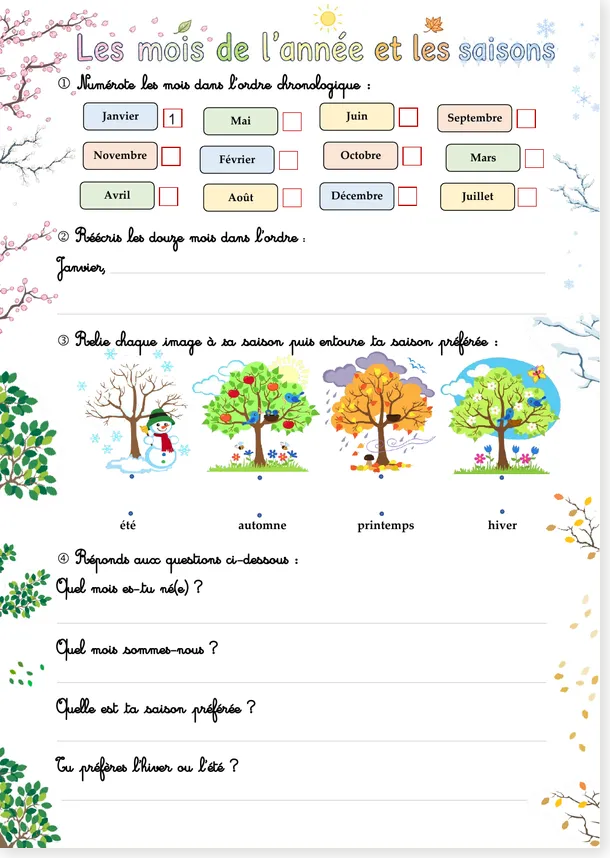 Exercice sur les mois de l'année et les saisons