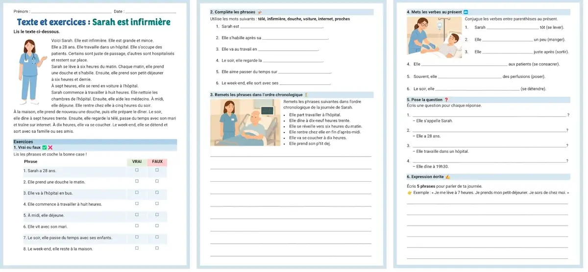 Aperçu des trois pages d’exercices Sarah est infirmière
