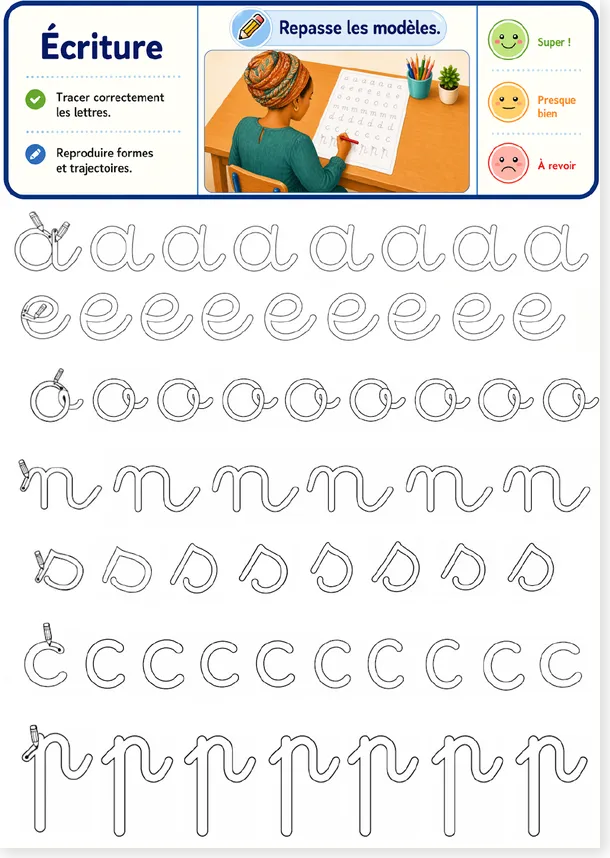 Exercice d'écriture des lettres cursives pour adultes