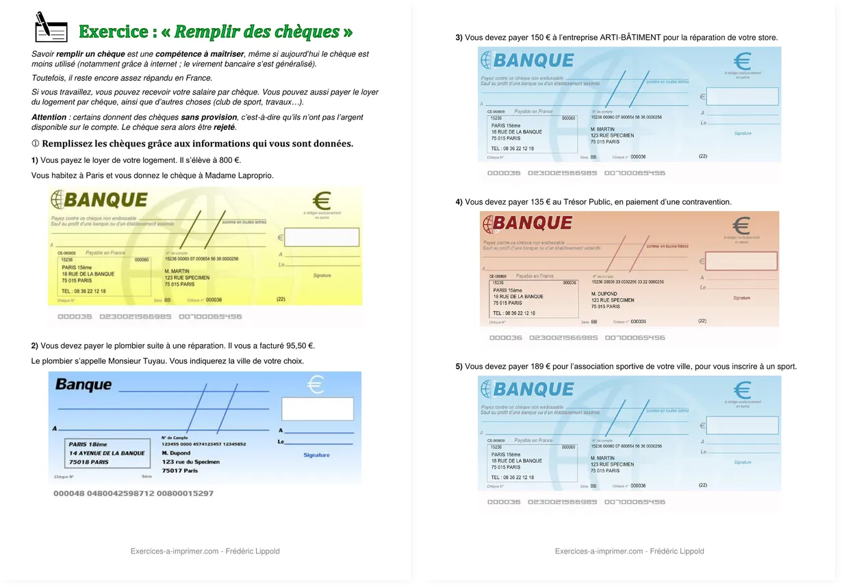 Aperçu de l’ancienne version gratuite de l’exercice sur les chèques