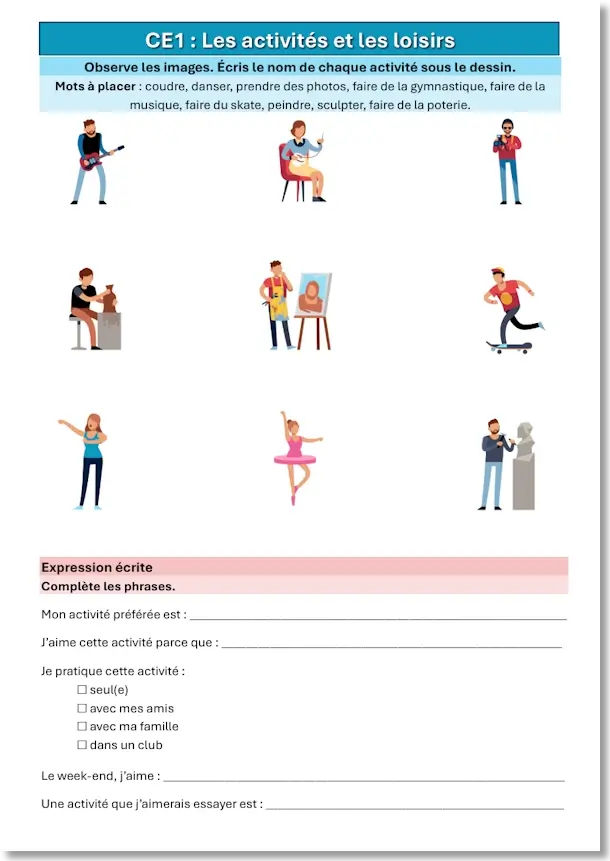 Aperçu de la version CE1 sur les activités et loisirs