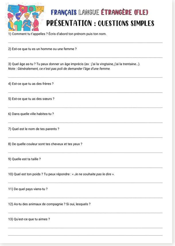 French written expression questions worksheet