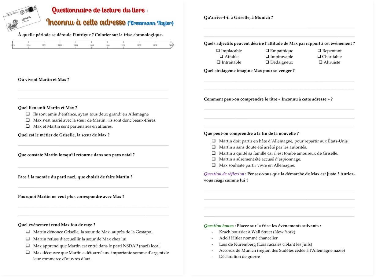 Aperçu du questionnaire de lecture Inconnu à cette adresse avec corrigé