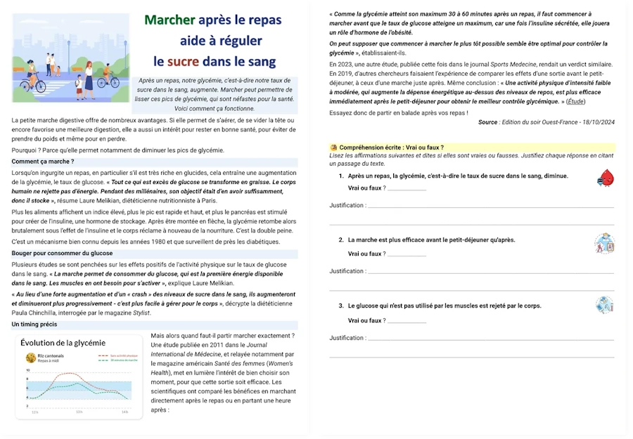 Aperçu de la version abrégée du texte FLE sur la marche après le repas