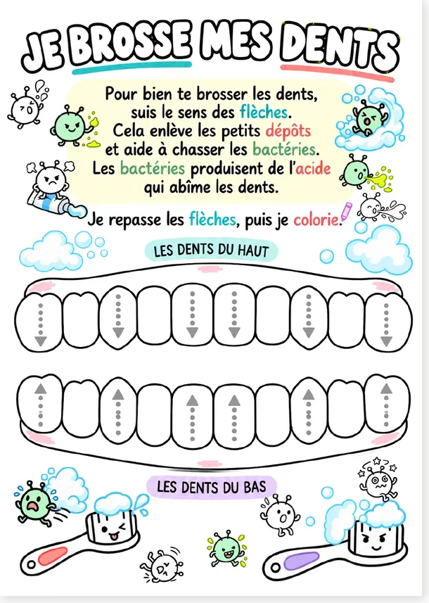 Fiche maternelle : je brosse mes dents, trace et colorie