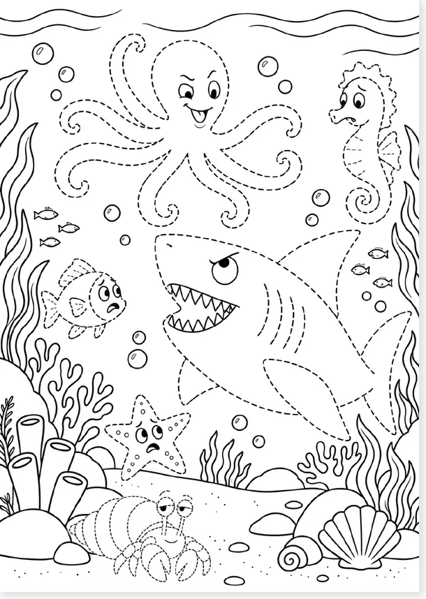 Combat pieuvre vs requin, version noir et blanc à colorier